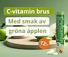 Grönt rör med namnet "C-vitamin". I bakgrunden finns det gröna äpplen med texten "C-vitamin brus med smak av gröna äpplen".