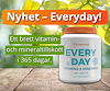 Vit burk med orange lock, samt texten "nyhet, everyday. Ett brett vitamin och minderaltillskott i 365 dagar""