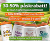 Fyra kosttillskottsburkar med orange lock, samt texten "35 till 50 procent påskrabatt + tio procent extra med koden EXTRA10. Gäller endast 5-6 april.""