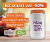 En vit burk med orange lock samt texten "Ett smart val 50 procent rabatt. Varje tablett innehåller 300 miligram magnesium."