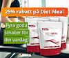 Träningsbild med rödvita påsar med måltidsersättningspulver, samt texten "25 procent rabatt på Diet Meal".