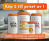 Fyra vita kosttillskottsburkar med orange lock, samt texten "Köp 2 till priset av 1. Gäller vid köp av samma sort".