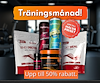 En samling påsar och burkar med texten "träningsmånad" och "upp till 50%".