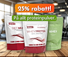 Tre påsar proteinpulver med texten "25 procent rabatt på allt proteinpulver".