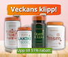 Fyra olika kosttillskottsburkar, vita och och gröna med orangea, samt texten "Veckans klipp! Upp till 51% rabatt".