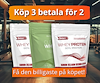 Tre påsar proteinpulver med texten "köp tre, betala för två".