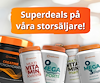 Flera burkar med orange lock med texten "Superdeals på våra storsäljare!"