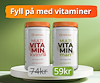 Två burkar med orange lock med texten "Fyll på med vitaminer".
