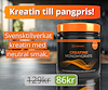Svart burk med orange lock, samt texten "Kreatin till pangpris. Svensktillverkat kreatin med neutral smak."