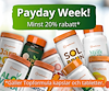 Mängder av kosttillskottsburkar med orange lock, samt texten "Payday week. Minst 20 procent rabatt".