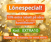 Guldig bakgrund med texten "Lönespecial! 10 procent rabatt på våra kosttillskott. Använd koden "extra10. Gäller vid köp över 400 kronor".