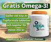 En vit burk med orange lock, samt texten "Gratis omega-3. Gäller vid köp av Topformula tabletter och kapslar för  minst 350 kr".