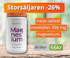 En vit burk med orange lock, samt texten "STortsäljaren 26 procent rabatt. Varje tablett innehåller 300 miligram magnesium."".