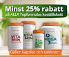 Fyra kosttillskottsburkar med orange lock, samt texten Minst 25 procent rabatt på alla Topformulas kosttillskott".