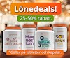Guldig bakgrund med texten "Lönedeals! 25-50 procent rabatt på våra kosttillskott. 