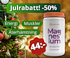 Julig bakgrundsbild med en pillerburk med texten "magnesium. Julrabatt 50 procent."