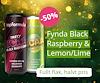 En lyxig grön bakgrund med två Topformula Tasty-burkar i förgrunden. I text står det "Fynda Black Raspberry och Lemon/Lime".