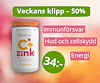 Bild på burk med C+Zink från Topformula. "Veckans klipp – 50% rabatt" i grönt på bakgrund med rosa toner. Produktens fördelar: Immunförsvar, Hud och cellskydd, Energi. Pris: 34:- för 100 tabletter.