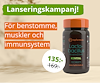 Brun pillerburk med orange lock med namnet "Lactobacillus Reuteri + D3 + K2vital". Bakgrunden är beige med skugga av löv från träden, samt texten "Lanseringskampanj".