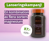 Bild på burk med Magnesium Complex från Topformula. Text: "Lanseringskampanj! En kombination av flera sorters magnesium". Pris: 87 kr (ord. 109 kr). Bakgrund i ljusa lila toner.