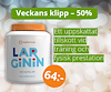 Vit burk med orange lock med texten "Larginin". Bakgrunden är diffus och har texten "Ett uppskattat tillskott vid träning och fysisk prestation".
