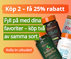 Fyra burkar med kosttillskott. Rubriken "köp 2 och få 25% rabatt". 