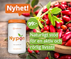 Pillerburk med namnet "Nypon". I bakgrund syns nypon i en skål och texten "Nyhet! Naturligt stöd för en aktiv och rörlig livsstil, 99 kronor".