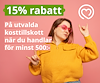 Peppad tjej med gul tröja och rosa glasögon mot en rosa bakgrund. I bilden står det att du får 15% rabatt på utvalda kosttillskott.